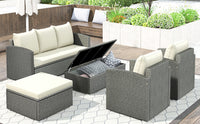 TOPMAX Outdoor Patio 5-Piece All-Weather PE Wicker Rattan Sectional Sofa Set with Multifunctional Table and Ottoman, Gray Wicker+ Beige Cushion