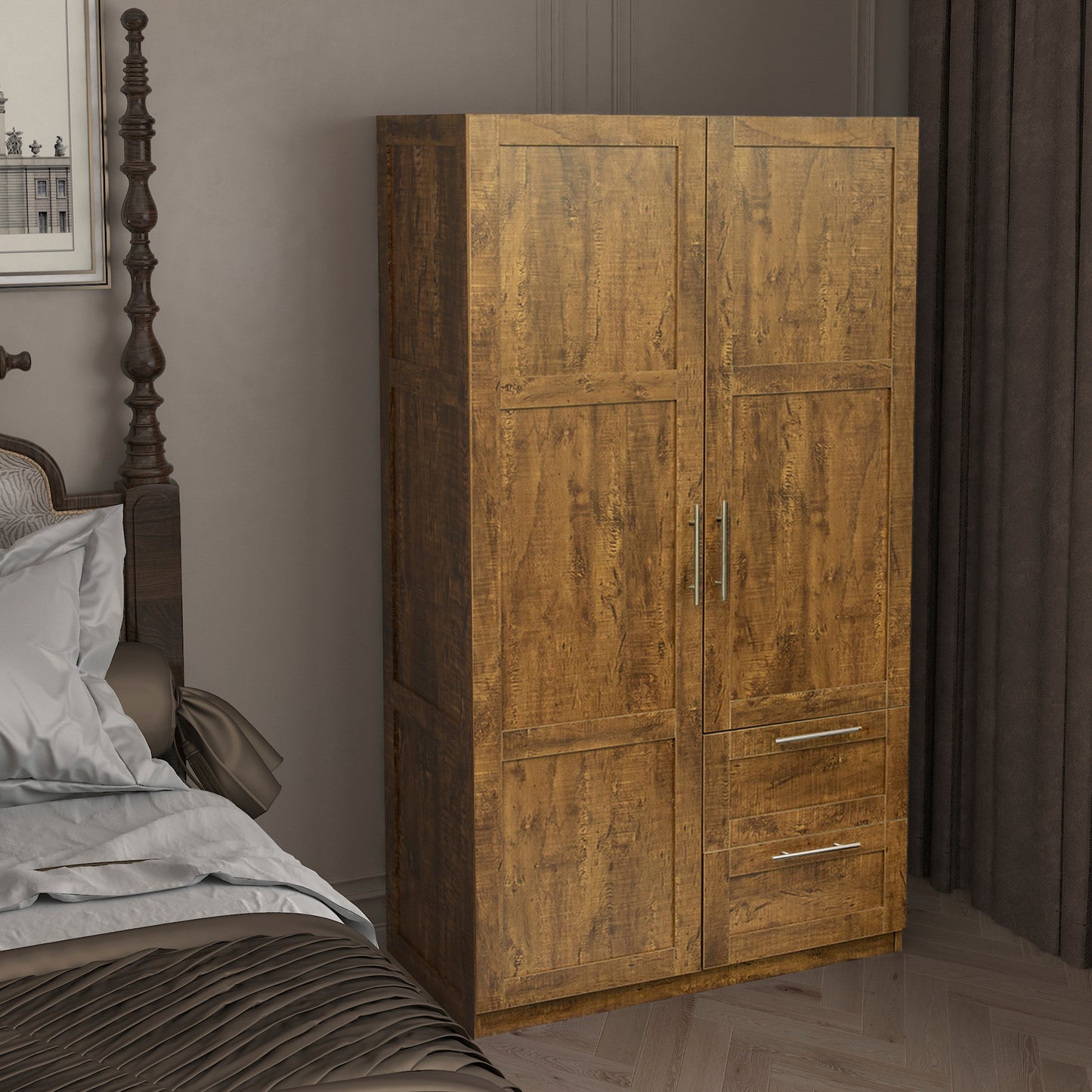 High wardrobe and kitchen cabinet with 2 doors, 2 drawers and 5 storage spaces,walnut