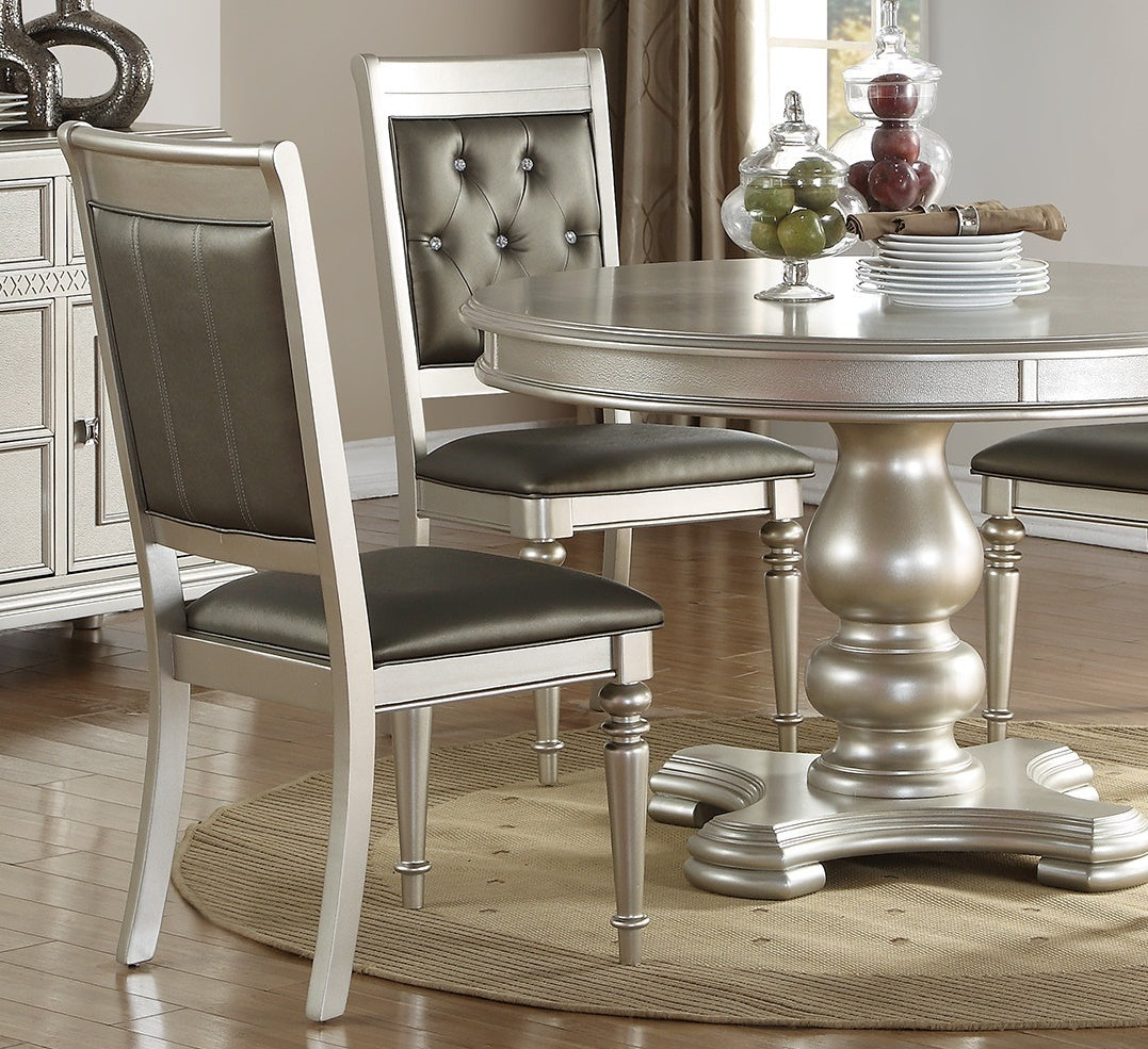 Round Dining Table Silver / Grey Finish Rubber wood Frame Center Glass Top Dinette Table