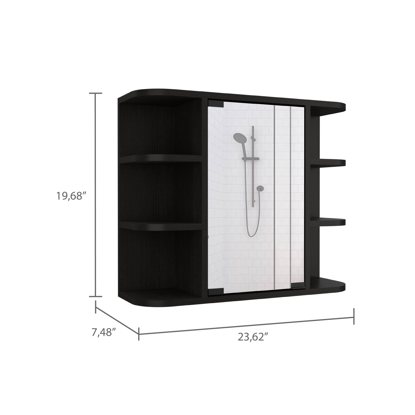 Milan Medicine Cabinet, Six External Shelves Mirror, Three Internal Shelves -Black