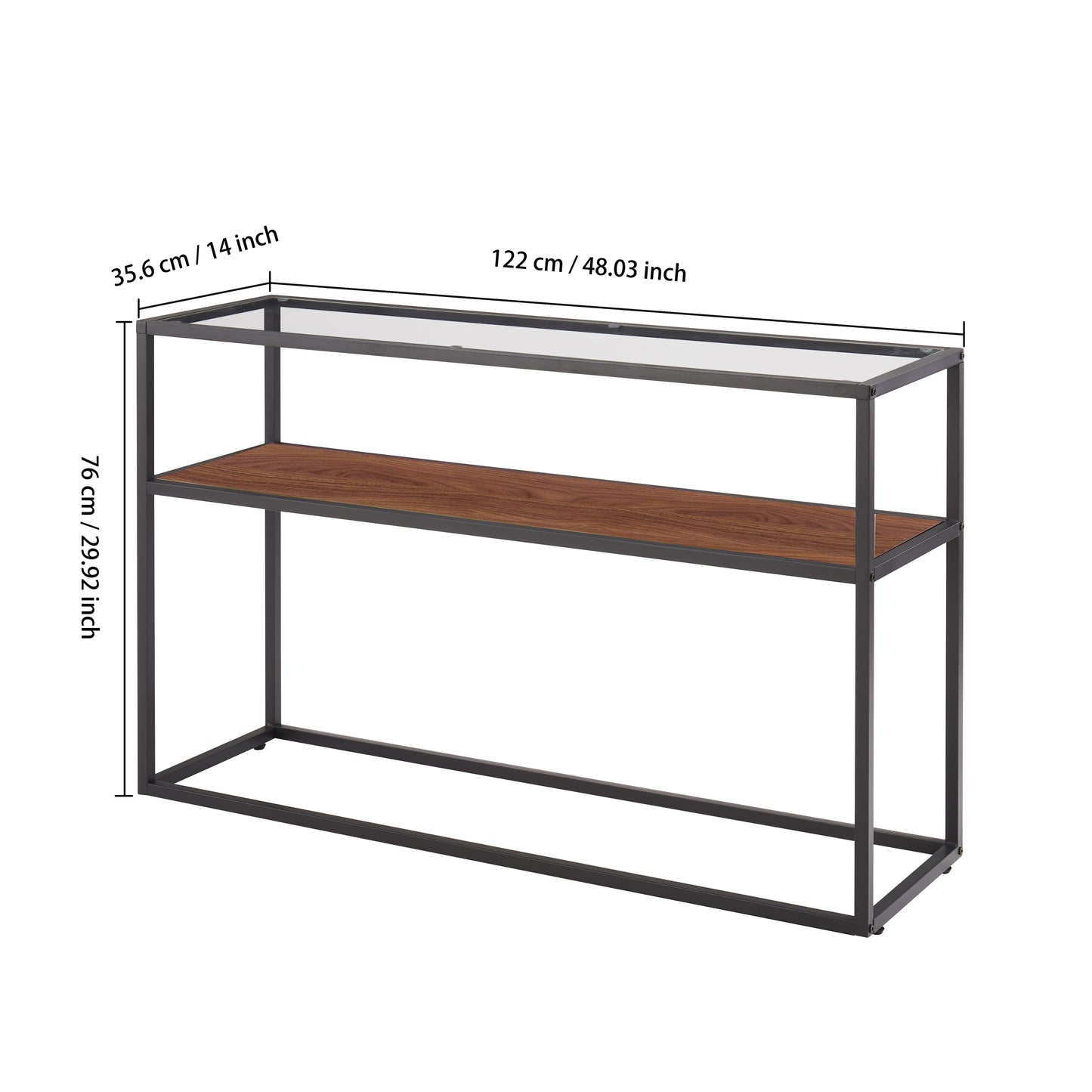 48.03" Glass Console Sofa Table, Modern Open Hallway Table, Narrow Entryway Table,  2 Shelves Couch Side Table with Adjustable Feet,Black Metal Reversable Walnut and Cement ash