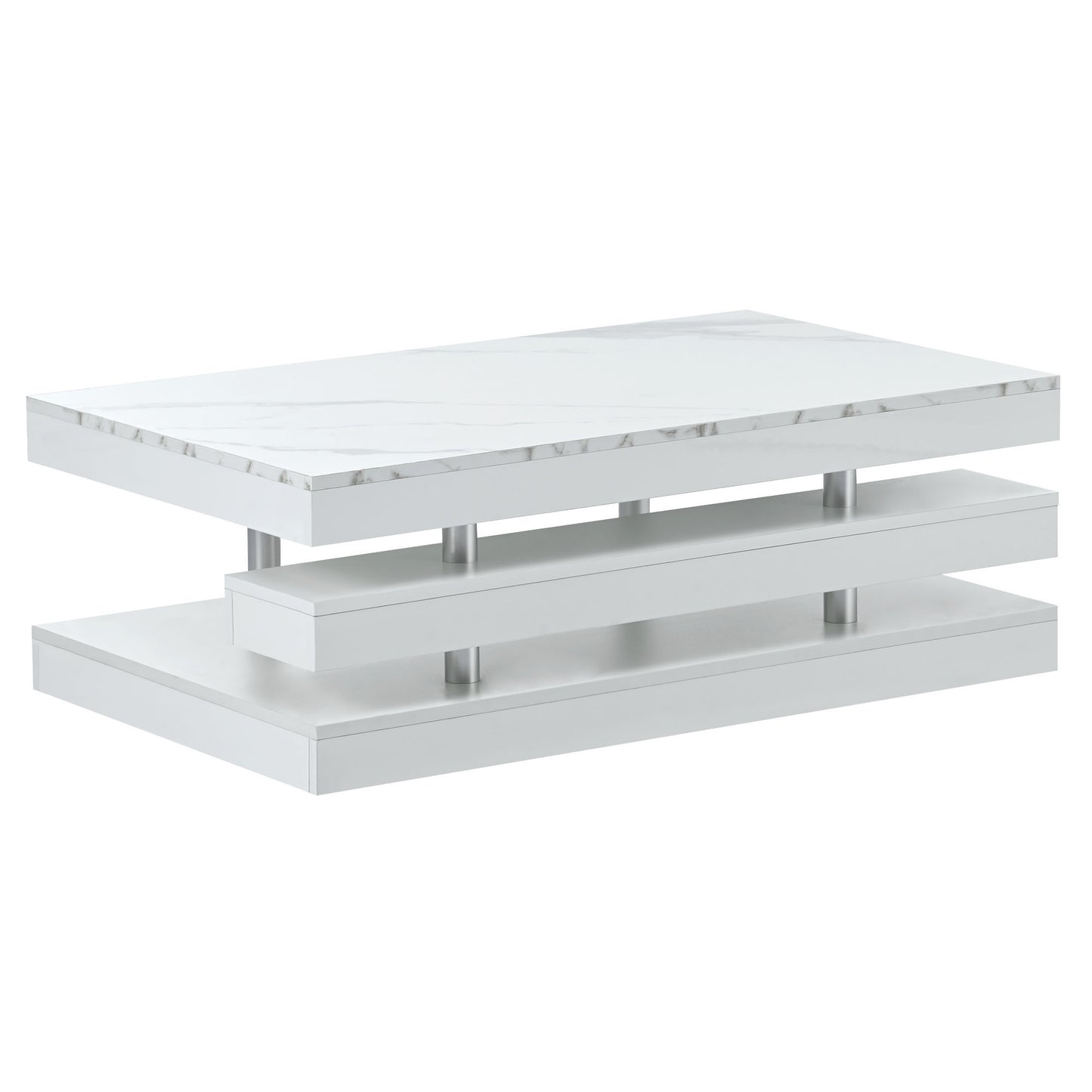 ON-TREND Modern 2-Tier Coffee Table with Silver Metal Legs, Rectangle Cocktail Table with High-gloss UV Surface, Minimalist Design Center Table for Living Room, White