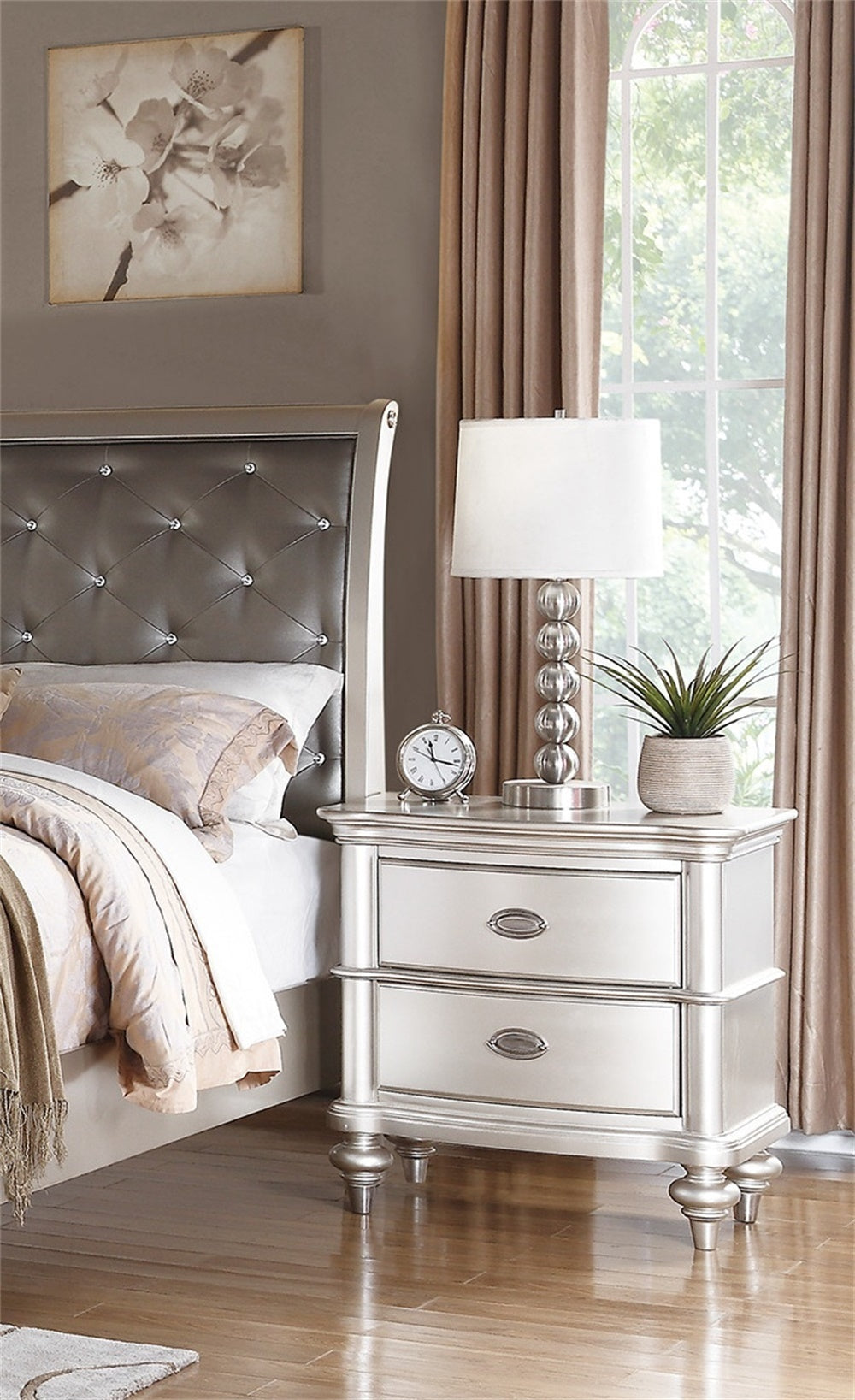 Wood Nightstand with 2 Drawer in Antique Silver