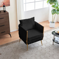 Modern Comfy Handmade Bucket Woven Velvet Accent Chair Arm Chair, Fluffy Tufted Upholstered Single Sofa Chair for Living Room, Bedroom, Office, Waiting Room, Black Velvet