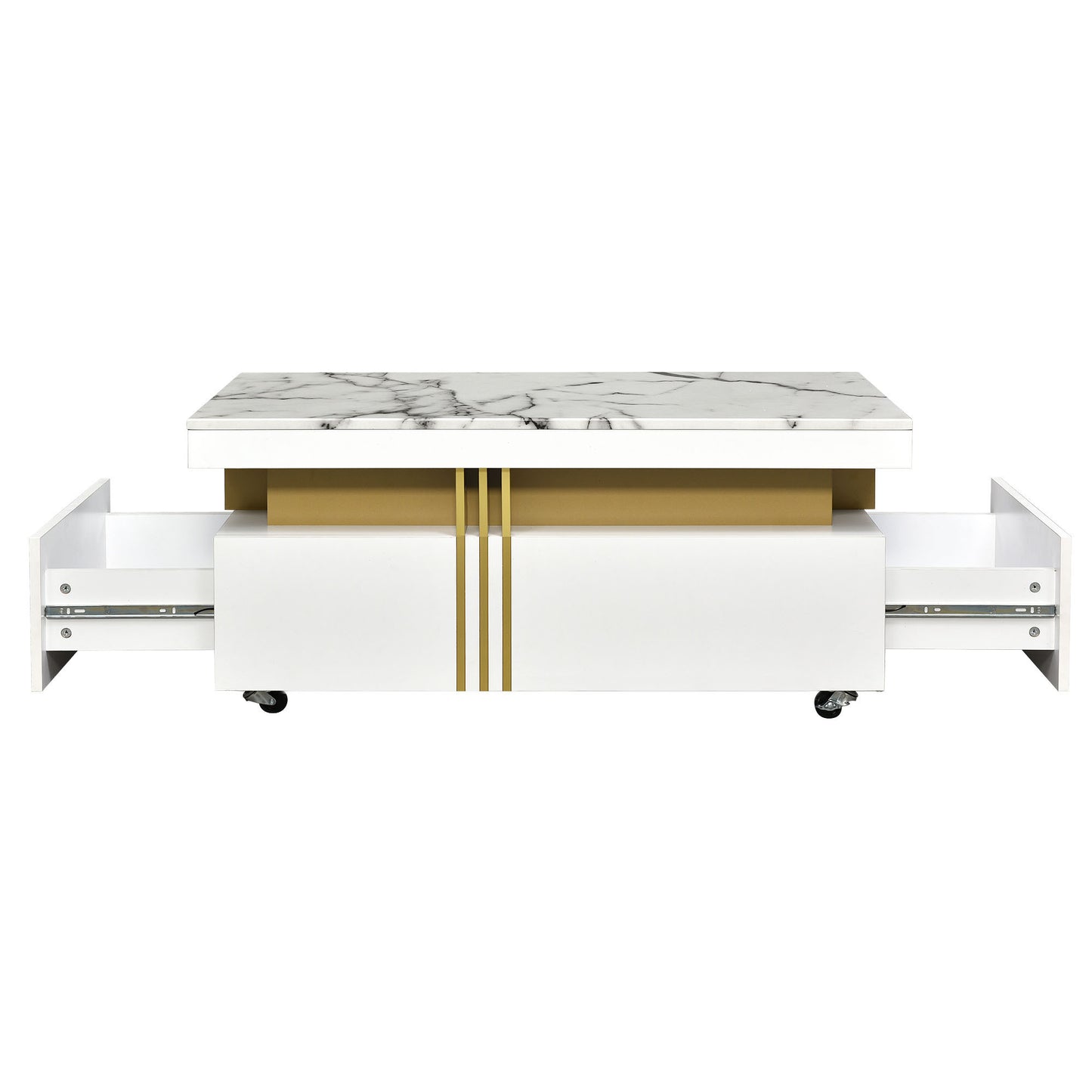 ON-TREND Contemporary Coffee Table with Faux Marble Top, Rectangle Cocktail Table with Caster Wheels, Moderate Luxury Center Table with Gold Metal Bars for Living Room, White