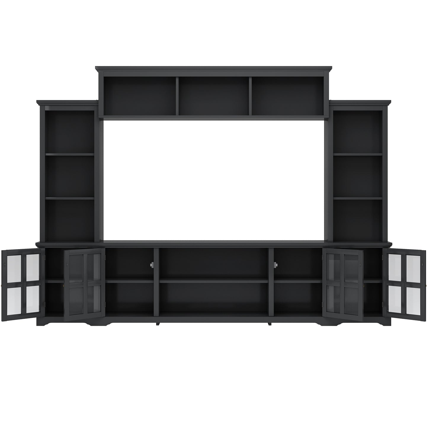 ON-TREND Minimalism Style Entertainment Wall Unit with Bridge, Modern TV Console Table for TVs Up to 70”, Multifunctional TV Stand with Tempered Glass Door, Black