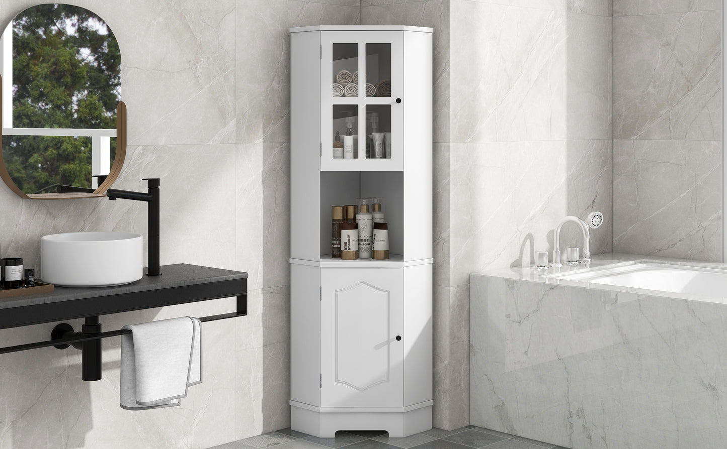 Tall Bathroom Storage Cabinet, Corner Cabinet with Glass Door, Open Storage, Adjustable Shelf, White