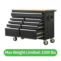 Premium 46-Inch Rolling Tool Chest with Wooden Top and 9 Drawers - 1500 lbs Load Capacity, Casters, Handle, Power Strip, Locking System - Perfect Mobile Storage Cabinet for Your Tools and Equipment.