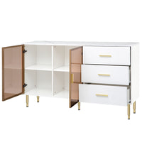 TREXM Modern Sideboard MDF Buffet Cabinet Marble Sticker Tabletop and Amber-yellow Tempered Glass Doors with Gold Metal Legs & Handles (White)