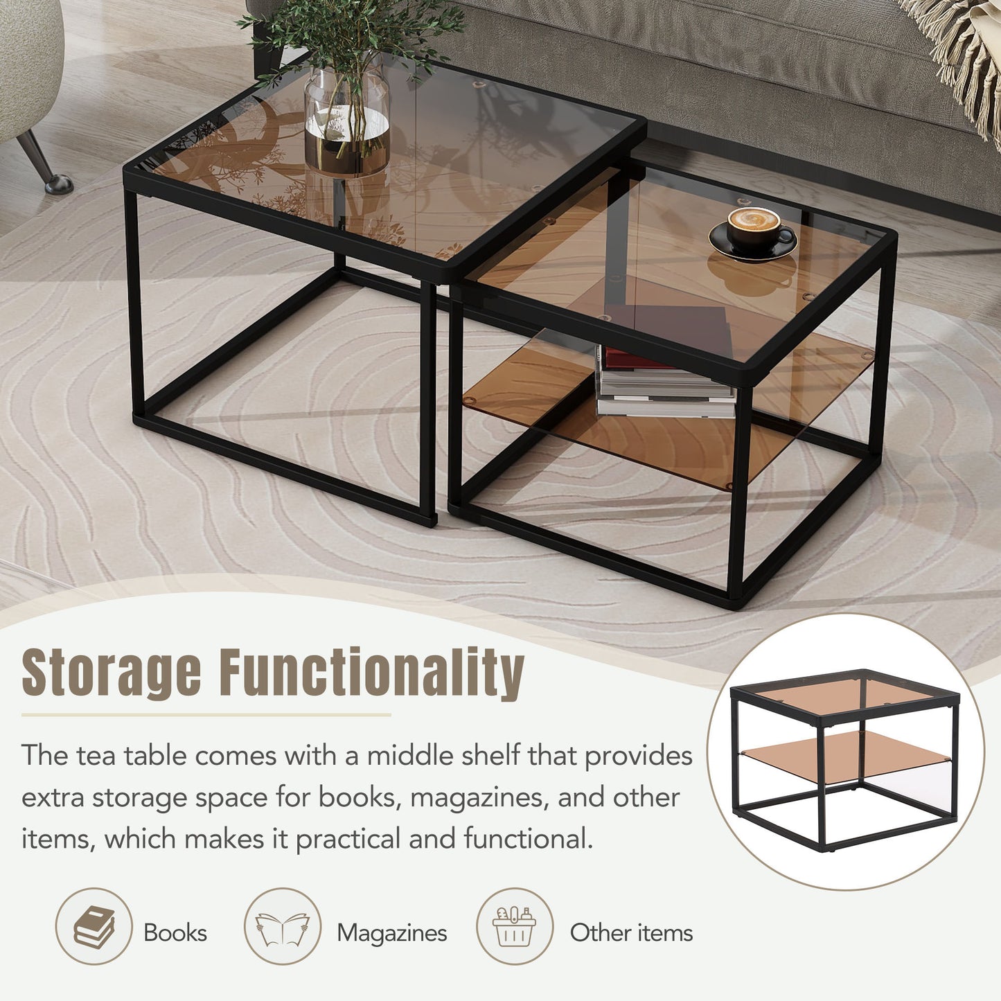 ON-TREND Modern Nested Coffee Table Set with High-low Combination Design, Brown Tempered Glass Cocktail Table with Metal Frame, Length Adjustable 2-Tier Center&End Table for Living Room, Black