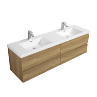 71'' Wall Mounted Double Bathroom Vanity in Natural Wood With White Solid Surface sink