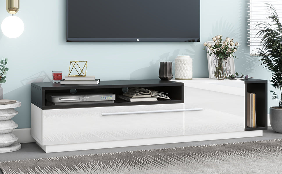 ON-TREND Two-tone Design TV Stand with Silver Handles, UV High-Gloss Media Console for TVs Up to 70", Chic style TV Cabinet with Spacious Storage Space for Living Room, White