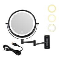 8-inch Wall Mounted Makeup Vanity Mirror, 3 colors Led lights, 1X/10X Magnification Mirror, 360° Swivel with Extension Arm (Black)