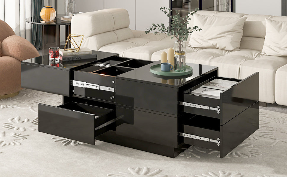 ON-TREND Extendable Coffee Table with 4 Drawers, Rectangle Cocktail Table with Hidden Storage Compartment, UV High-gloss Center Table with Sliding Top for Living Room, 35.4"x 23.6", Black