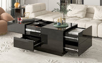 ON-TREND Extendable Coffee Table with 4 Drawers, Rectangle Cocktail Table with Hidden Storage Compartment, UV High-gloss Center Table with Sliding Top for Living Room, 35.4"x 23.6", Black