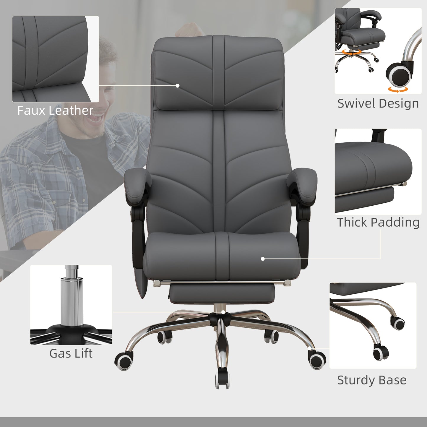 Vinsetto Executive Massage Office Chair with 4 Vibration, Computer Desk Chair, PU Leather Heated Reclining Chair with Adjustable Height, Swivel Wheels, Gray