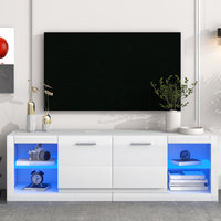 ON-TREND Modern TV Stand with 2 Tempered Glass Shelves, High Gloss Entertainment Center for TVs Up to 70'', Elegant TV Cabinet with LED Color Changing Lights for Living Room, White