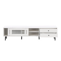 ON-TREND Chic Elegant Design TV Stand with Sliding Fluted Glass Doors, Slanted Drawers Media Console for TVs Up to 75", Modern TV Cabinet with Ample Storage Space, White