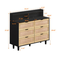 43.31"6-Drawers Rattan Storage Cabinet Rattan Drawer with LED Lights and Power Outlet,for Bedroom,Living Room,Black