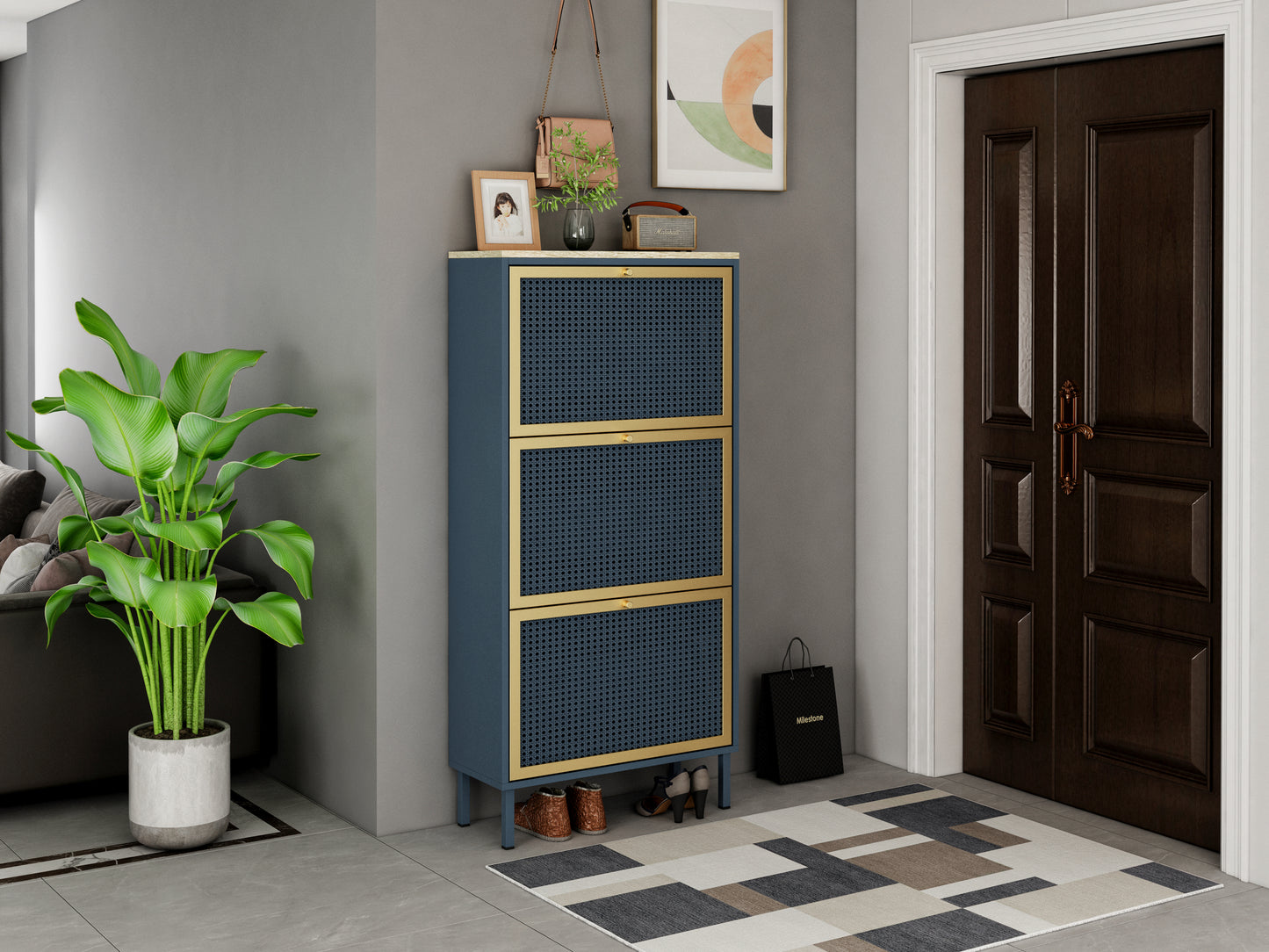 3 Metal Door Shoe Rack, Freestanding Modern Shoe Storage Cabinet, Metal rattan, for Entryway