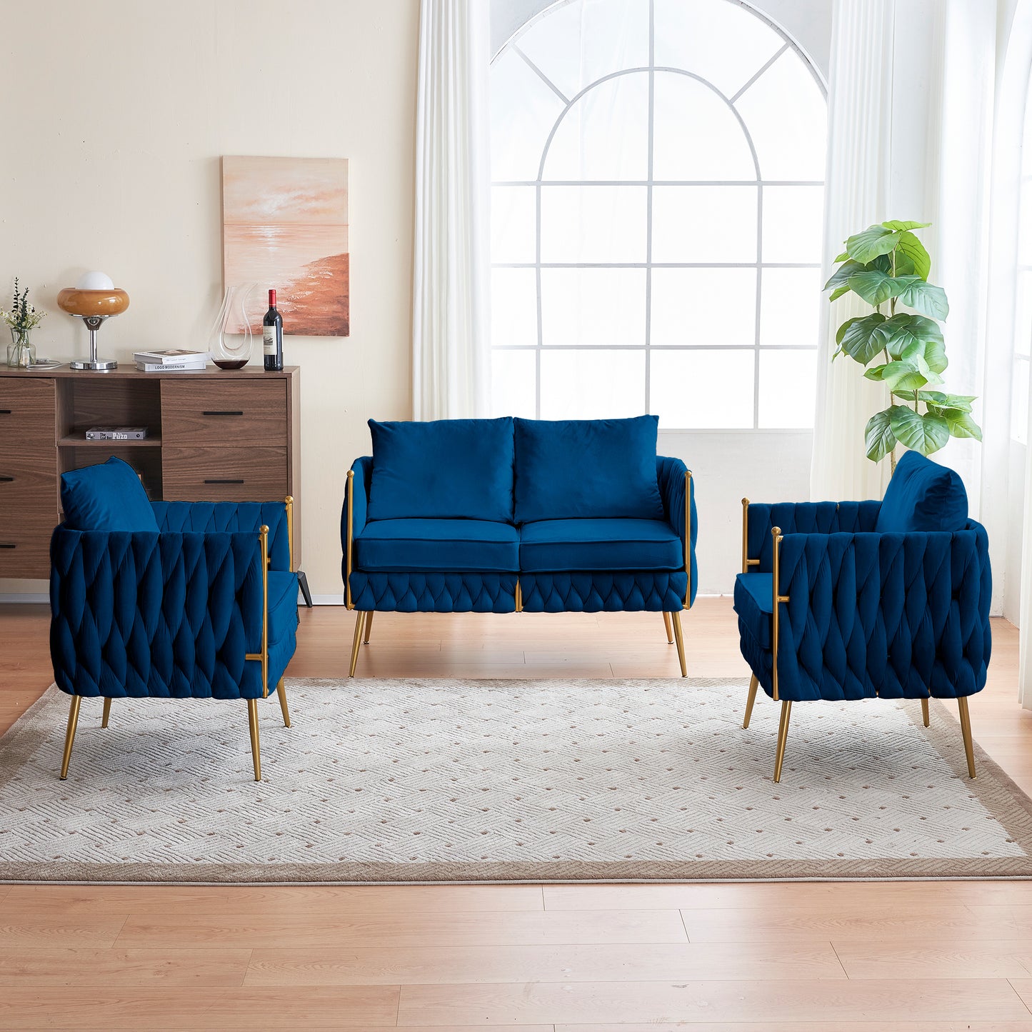 Comfy Handmade Bucket Woven Fluffy Tufted Upholstered Sofa Set Living Room, 2 Accent Chair and 1 Two Seater Sofa , Blue Velvet