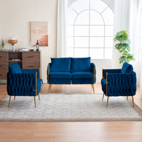 Comfy Handmade Bucket Woven Fluffy Tufted Upholstered Sofa Set Living Room, 2 Accent Chair and 1 Two Seater Sofa , Blue Velvet