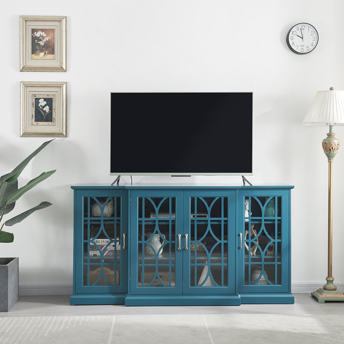 63" TV Stand,  Sideboard Buffet ,Storage Cabinet, Teal Blue