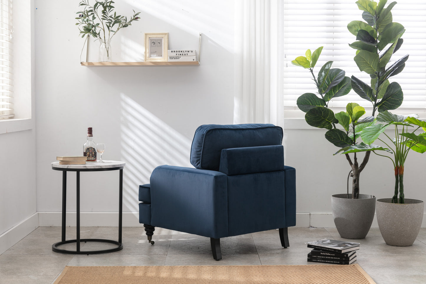 Velvet Accent Chair, Sofa Armchair with Casters, Mid-Century Modern Velvet Upholstered Comfort Oversized Armchair with Wooden Legs, Reading Chair，Living Room Chair, Dark  Blue