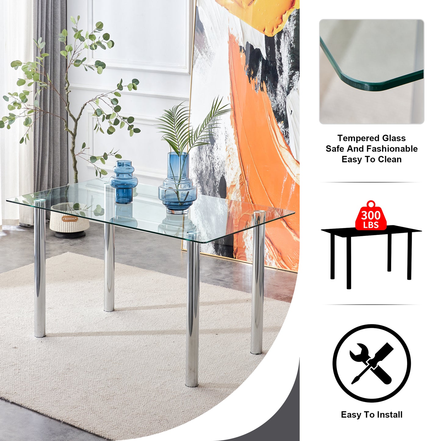 Modern minimalist glass dining table. A transparent tempered glass desktop with a thickness of 0.3 feet and silver metal legs. Suitable for restaurants and living rooms.   51"*31.4"*29.5"