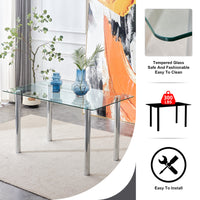 Modern minimalist glass dining table. A transparent tempered glass desktop with a thickness of 0.3 feet and silver metal legs. Suitable for restaurants and living rooms.   51"*31.4"*29.5"