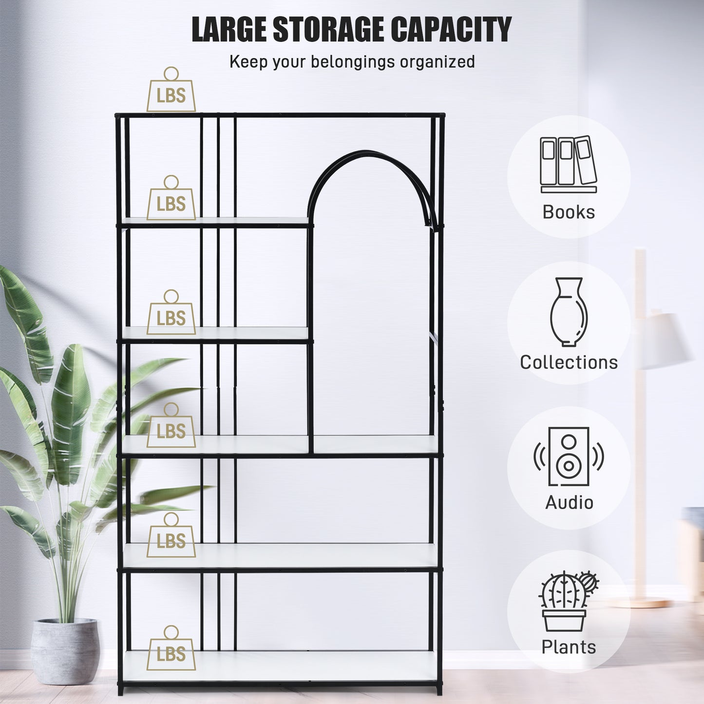 70.9 Inch Home Office Bookcase Open Bookshelf Storage Large 6 Shelf Bookshelf Furniture with Black Metal Frame, White