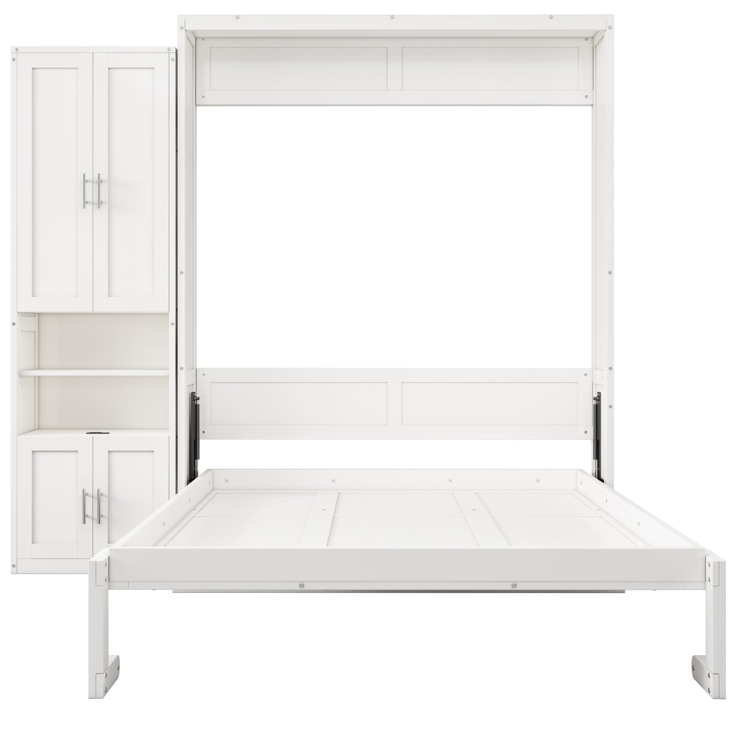 Queen Size Murphy Bed with 1 Side Cabinet Storage Shelf, 68-inch Cabinet Bed Folding Wall Bed with Desk Combo Perfect for Guest Room, Study, Office, Antique Grey White