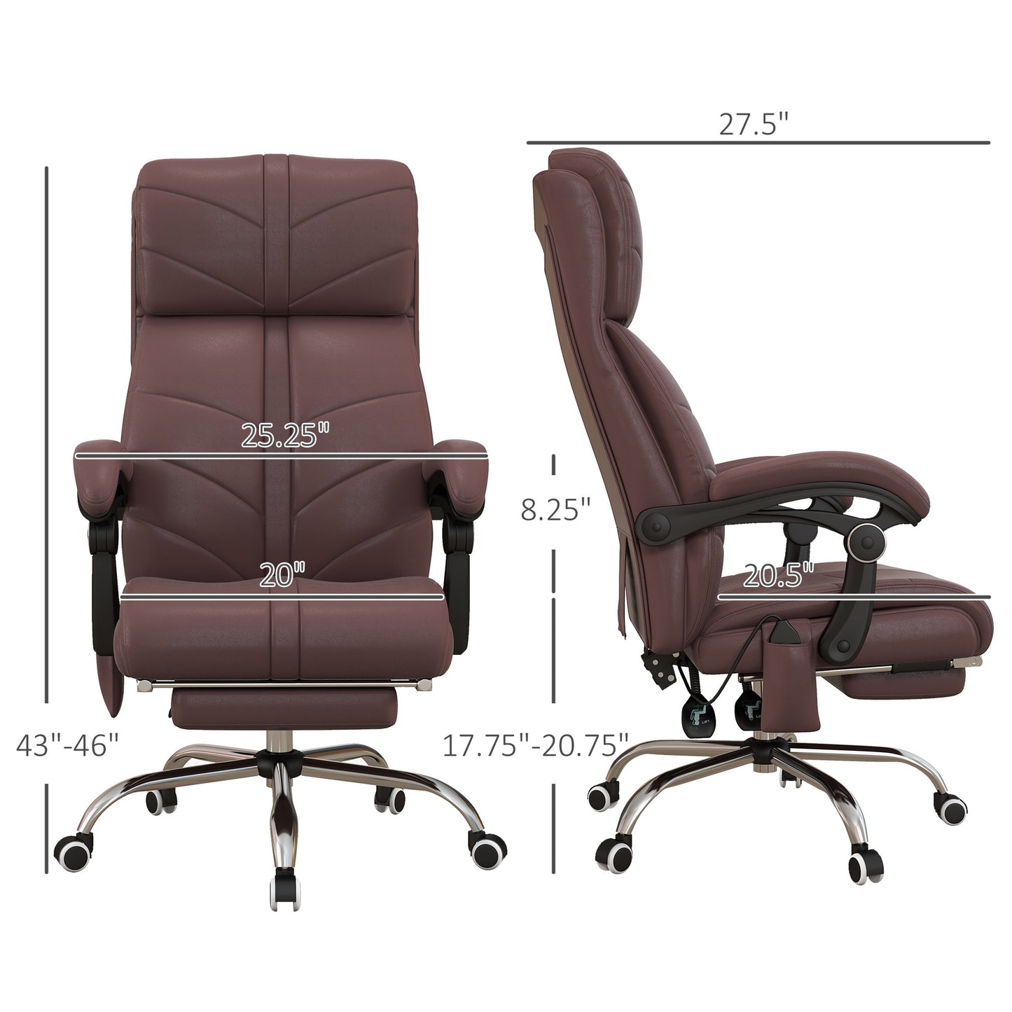 Vinsetto Executive Massage Office Chair with 4 Vibration, Computer Desk Chair, PU Leather Heated Reclining Chair with Adjustable Height, Swivel Wheels, Brown