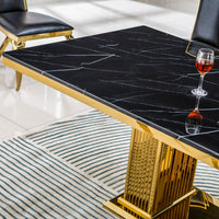 Modern Rectangular Marble Dining Table, 0.71" Thick Marble Top, Double Pedestal Pillar Stainless Steel Base with Gold Mirrored Finish(Not Including Chairs)