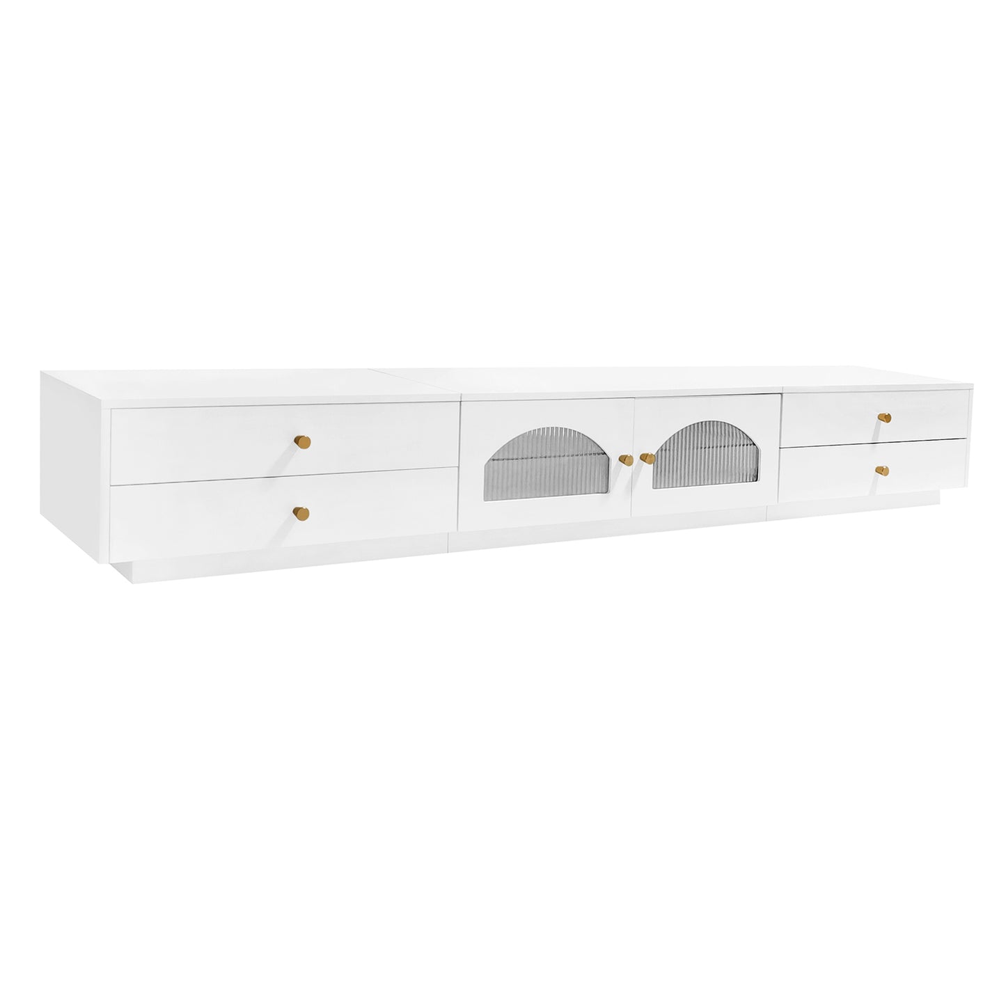 ON-TREND Luxurious TV Stand with Fluted Glass Doors, Elegant and Functional Media Console for TVs Up to 90'', Tempered Glass Shelf TV Cabinet with Multiple Storage Options, White