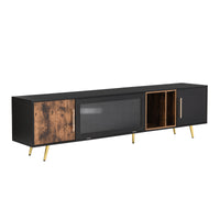 ON-TREND Stylish TV Stand with Golden Metal Handles&Legs, Two-tone Media Console for TVs Up to 80", Fluted Glass Door TV Cabinet with Removable Compartment for Living Room, Black