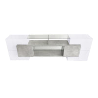 ON-TREND Unique Shape TV Stand with 2 Illuminated Glass Shelves, High Gloss Entertainment Center for TVs Up to 80", Versatile TV Cabinet with LED Color Changing Lights for Living Room, Grey