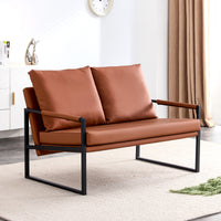 PU leather armchair metal frame upholstered armchair, upholstered backrest, living room sofa one double sofa+one single sofa (brown PU leather+metal frame+foam) SF-008