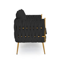 Modern Comfy Handmade Bucket Woven Velvet Accent Chair Arm Chair, Fluffy Tufted Upholstered Single Sofa Chair for Living Room, Bedroom, Office, Waiting Room, Black Velvet