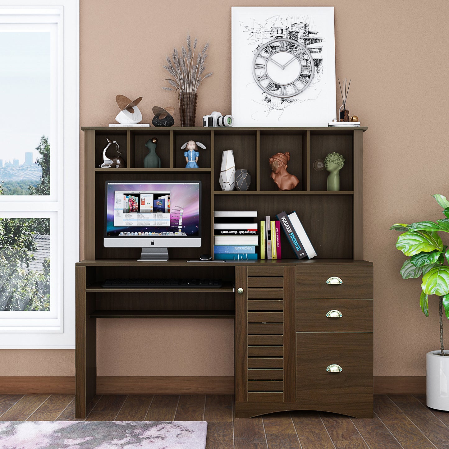 Home Office Computer Desk with Hutch,Walnut