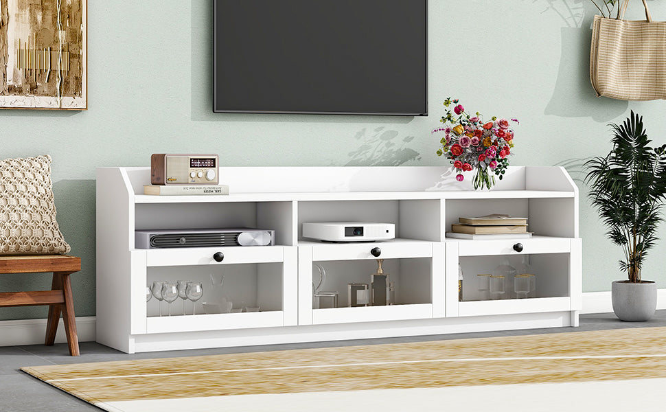 ON-TREND Sleek & Modern Design TV Stand with Acrylic Board Door, Chic Elegant Media Console for TVs Up to 65", Ample Storage Space TV Cabinet with Black Handles, White