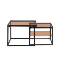 ON-TREND Modern Nested Coffee Table Set with High-low Combination Design, Brown Tempered Glass Cocktail Table with Metal Frame, Length Adjustable 2-Tier Center&End Table for Living Room, Black