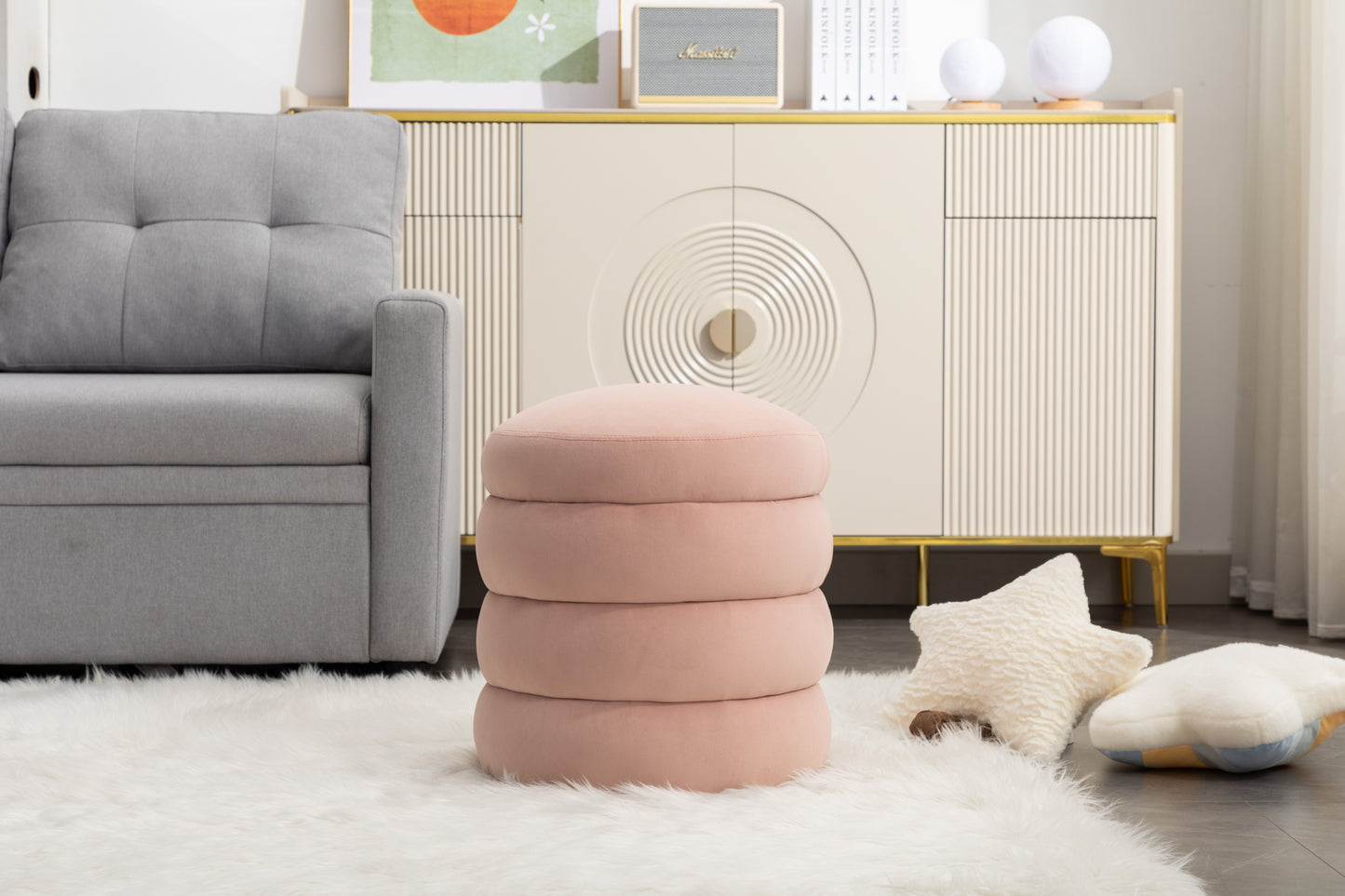 006-Soft Velvet  Round Ottoman Footrest Stool,Pink