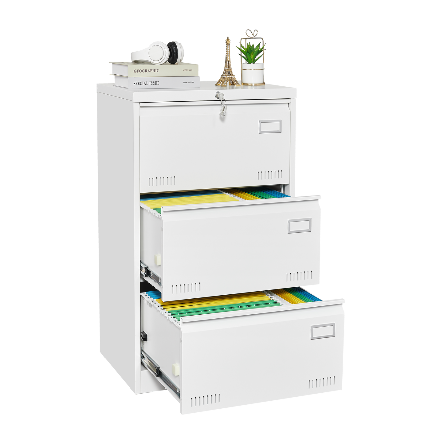 Filing Cabinet Lateral File Cabinet 3 Drawer, White Filing Cabinets with Lock, Locking Metal File Cabinets Three Drawer Office Cabinet for Legal/Letter/A4/F4 Home Offic