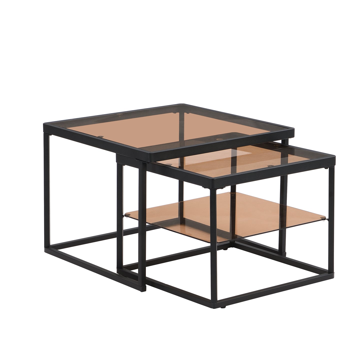 ON-TREND Modern Nested Coffee Table Set with High-low Combination Design, Brown Tempered Glass Cocktail Table with Metal Frame, Length Adjustable 2-Tier Center&End Table for Living Room, Black