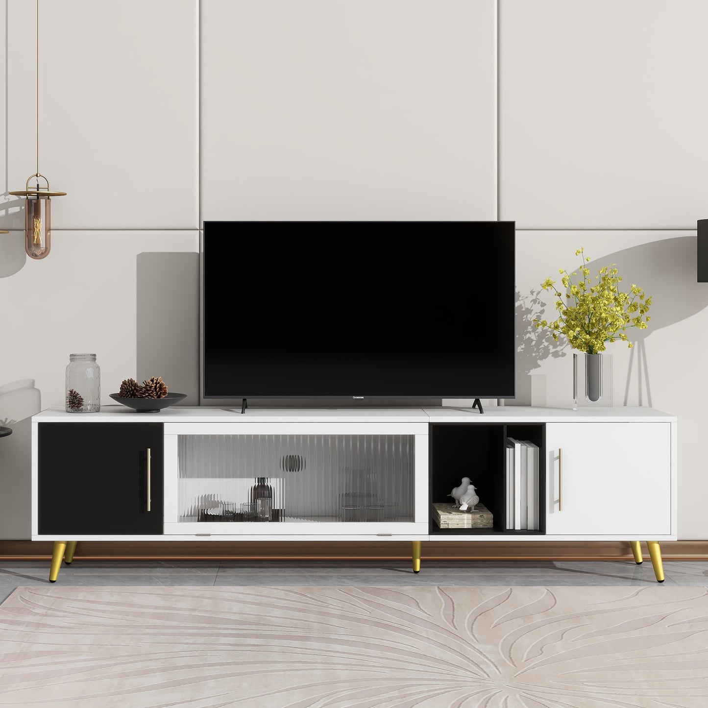 ON-TREND Stylish TV Stand with Golden Metal Handles&Legs, Two-tone Media Console for TVs Up to 80", Fluted Glass Door TV Cabinet with Removable Compartment for Living Room, White