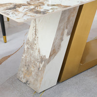 71" Contemporary Dining Table Sintered Stone Z shape Pedestal Base in Gold finish with 6 pcs Chairs .