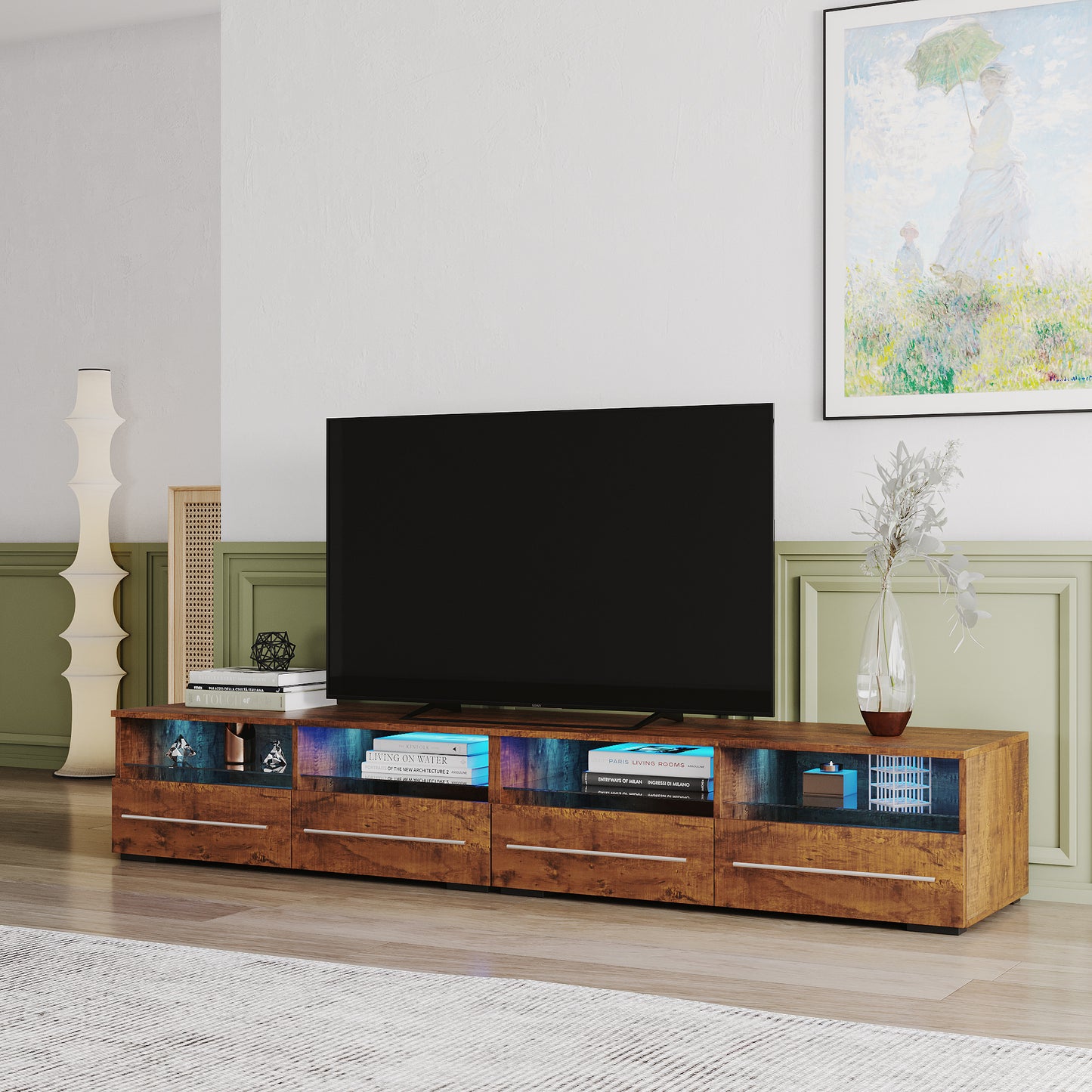 The walnut color TV cabinet has two drawers with color-changing light strips