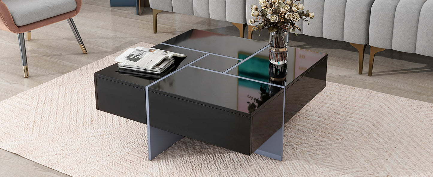 ON-TREND Unique Design Coffee Table with 4 Hidden Storage Compartments, Square Cocktail Table with Extendable Sliding Tabletop, UV High-gloss Design Center Table for Living Room, 31.5"x 31.5"