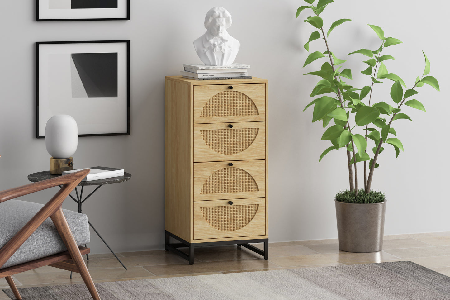 Natural rattan, Cabinet with 4 drawers, Suitable for living room, bedroom and study, Diversified storage